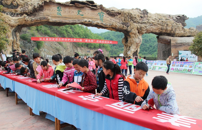 nEO_IMG_内乡县夏馆镇葛条爬中心小学学生在&ldquo;美丽宝天曼，让鸟儿自由飞翔&rdquo;倡议横幅上签字.jpg